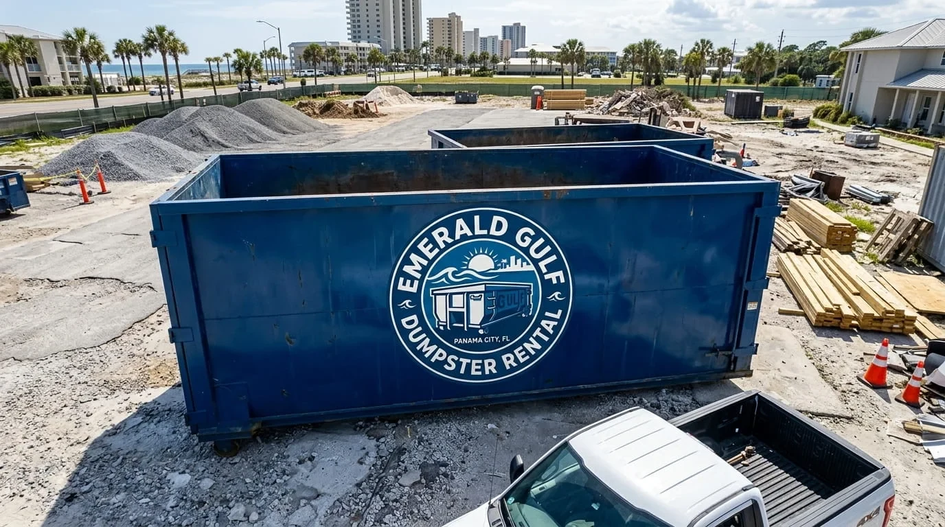 15 yard dumpster staged for a bathroom remodel or renovation cleanout in Panama City, FL 15 yard dumpster staged for a bathroom remodel or renovation cleanout in Panama City, FL