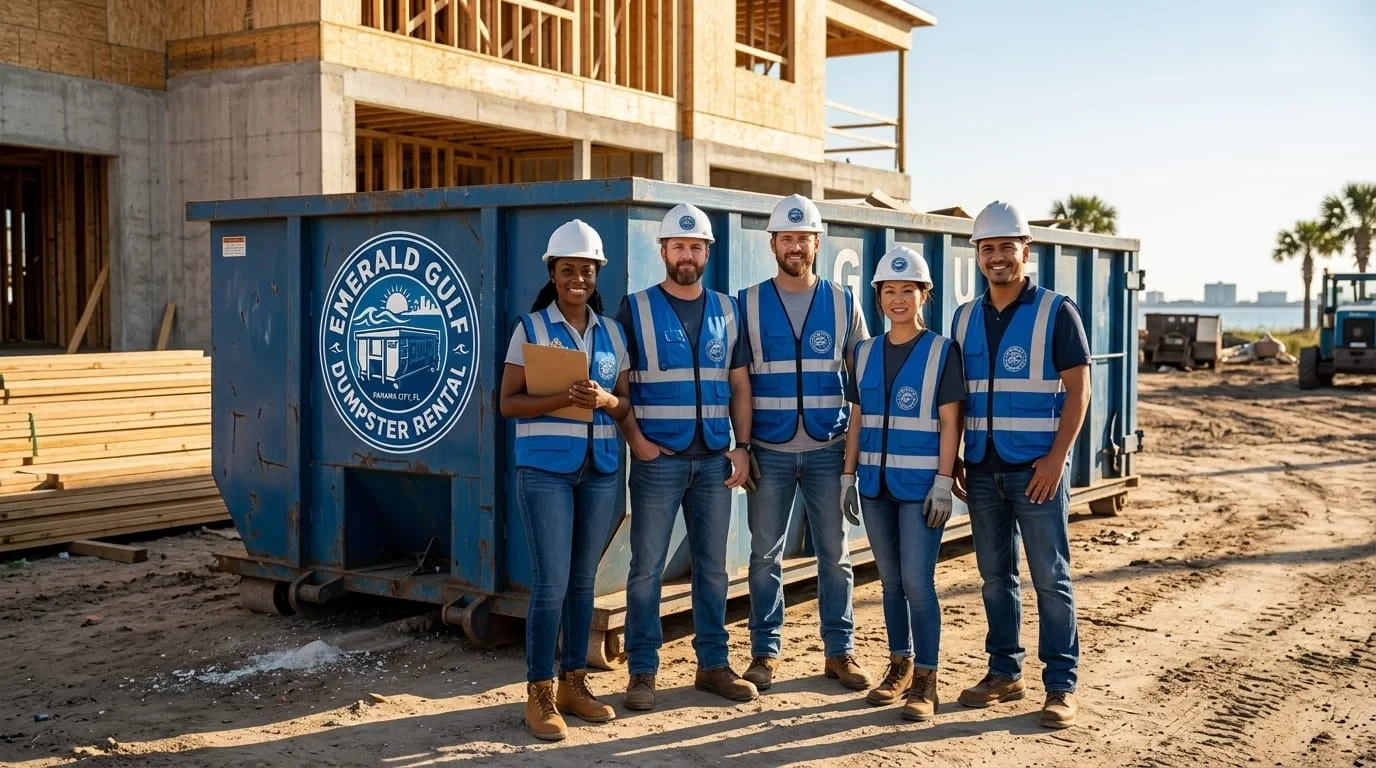 Emerald Gulf Dumpster Rental crew and roll-off dumpster on a Panama City-area construction jobsite Emerald Gulf Dumpster Rental crew and roll-off dumpster on a Panama City-area construction jobsite