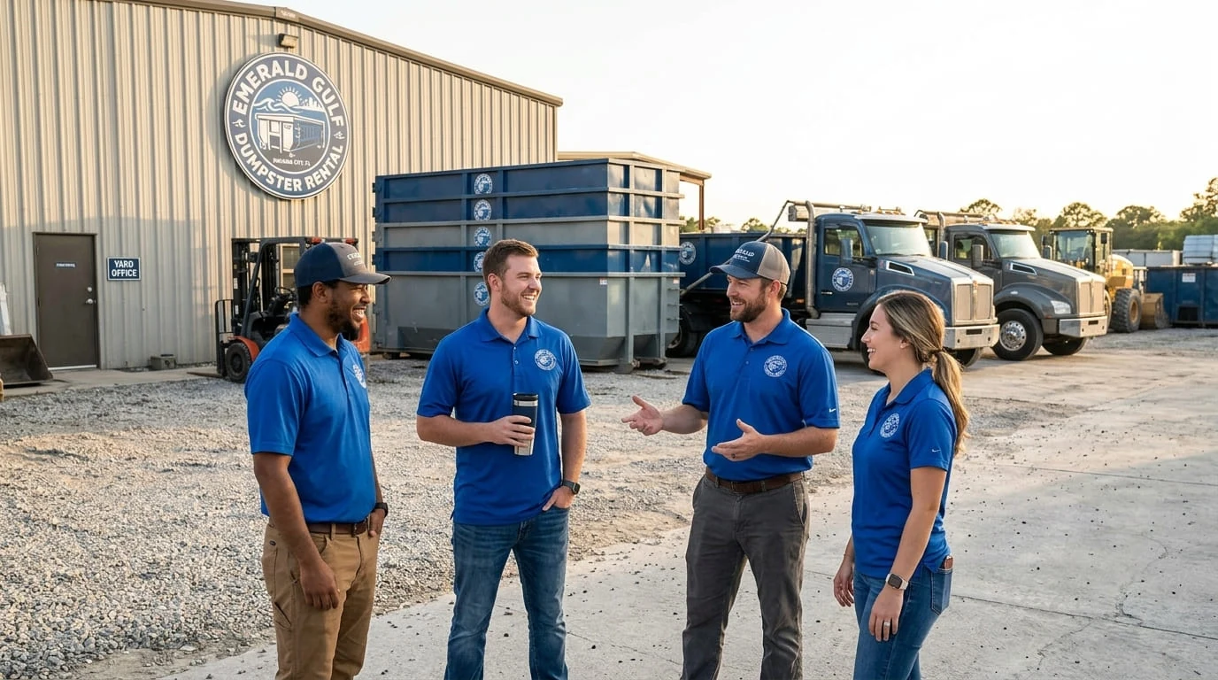 Emerald Gulf Dumpster Rental crew talking on site in Panama City, FL