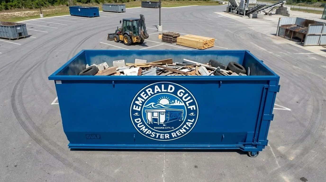 Roll-off containers staged and ready for delivery for Emerald Gulf Dumpster Rental in Panama City, FL Roll-off containers staged and ready for delivery for Emerald Gulf Dumpster Rental in Panama City, FL
