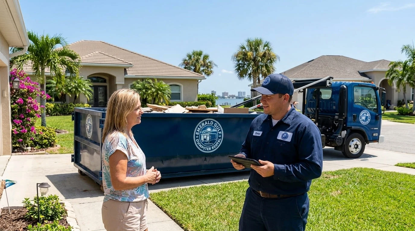 Our dumpster rental process in Panama City A Emerald Gulf Dumpster Rental crew member reviewing delivery details with a customer at a Panama City, FL jobsite