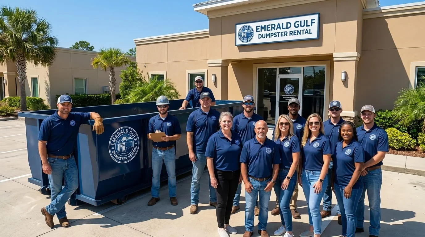 Panama City and Bay County service area Emerald Gulf Dumpster Rental crew on location serving Panama City, FL and Bay County