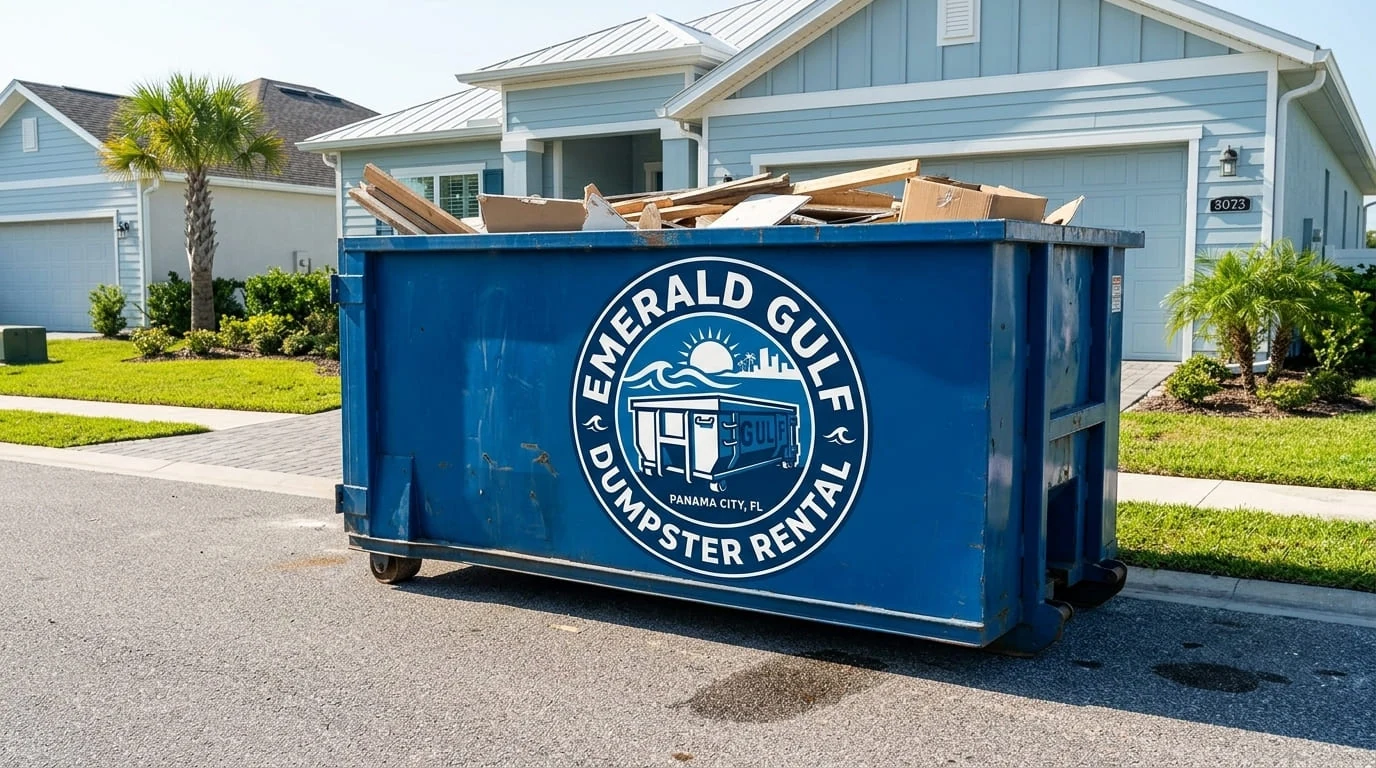 Local dumpster rental in Panama City Emerald Gulf Dumpster Rental roll-off dumpster delivered to a residential driveway in Panama City, FL