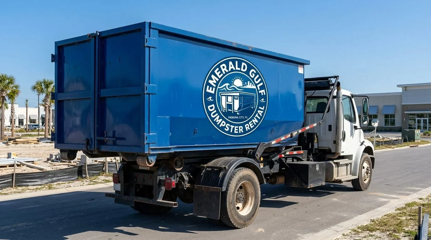 Loaded roll-off dumpster and tonnage weight Roll-off dumpster loaded on a truck near Panama City, FL